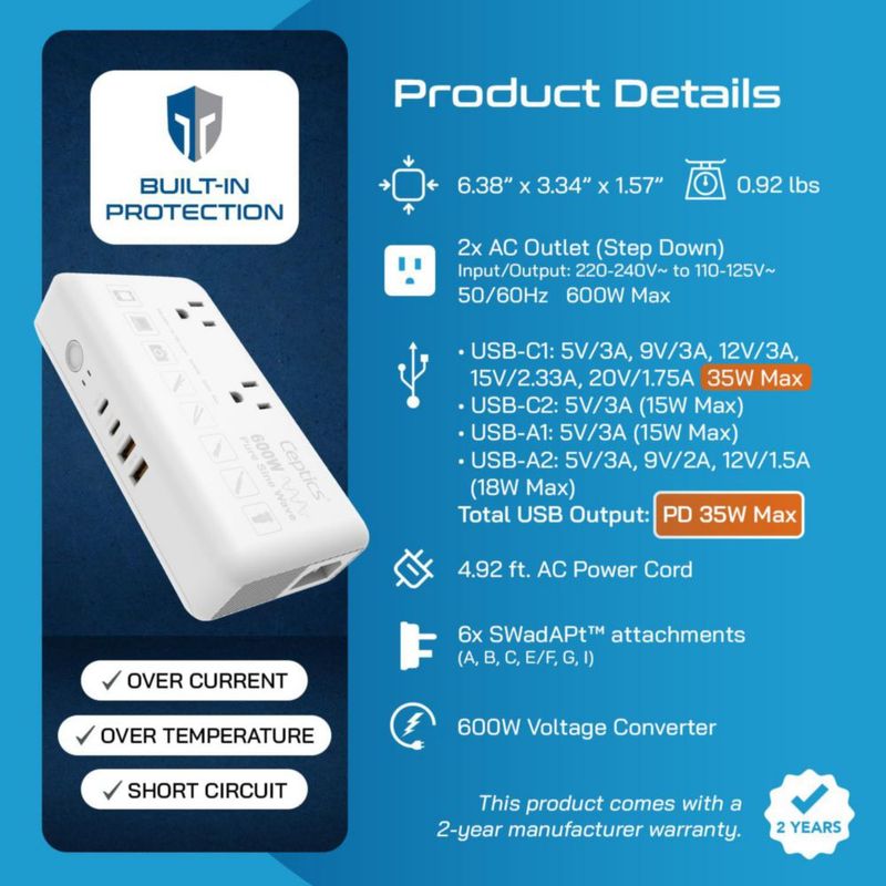 Convertidor de voltaje Ceptics 600W 220V a 110V con 6 enchufes y USB