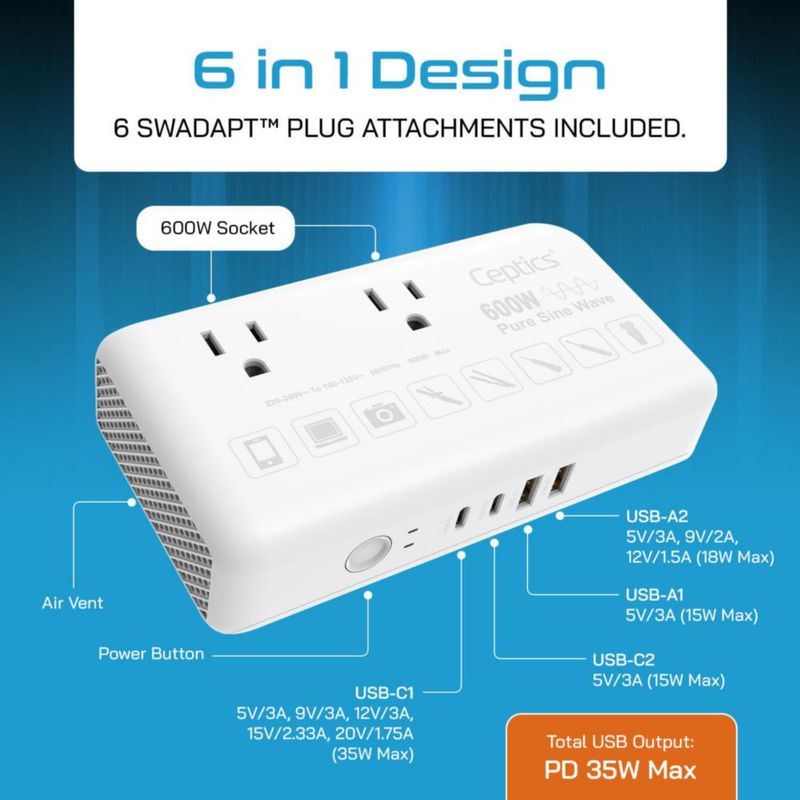 Convertidor de voltaje Ceptics 600W 220V a 110V con 6 enchufes y USB