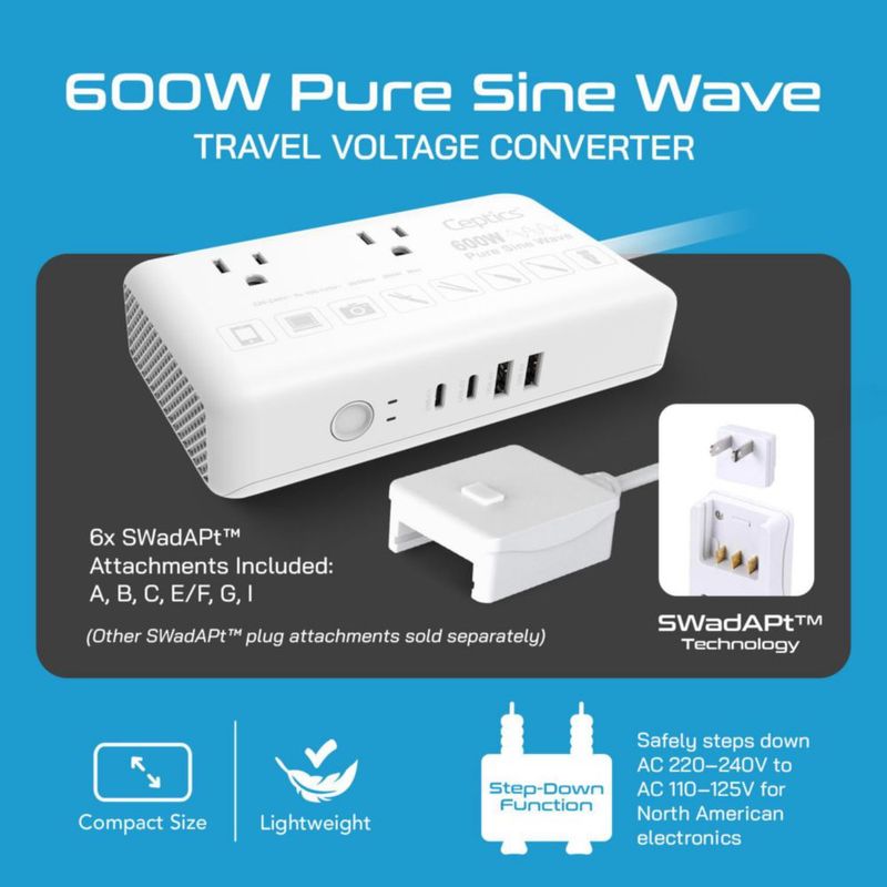 Convertidor de voltaje Ceptics 600W 220V a 110V con 6 enchufes y USB