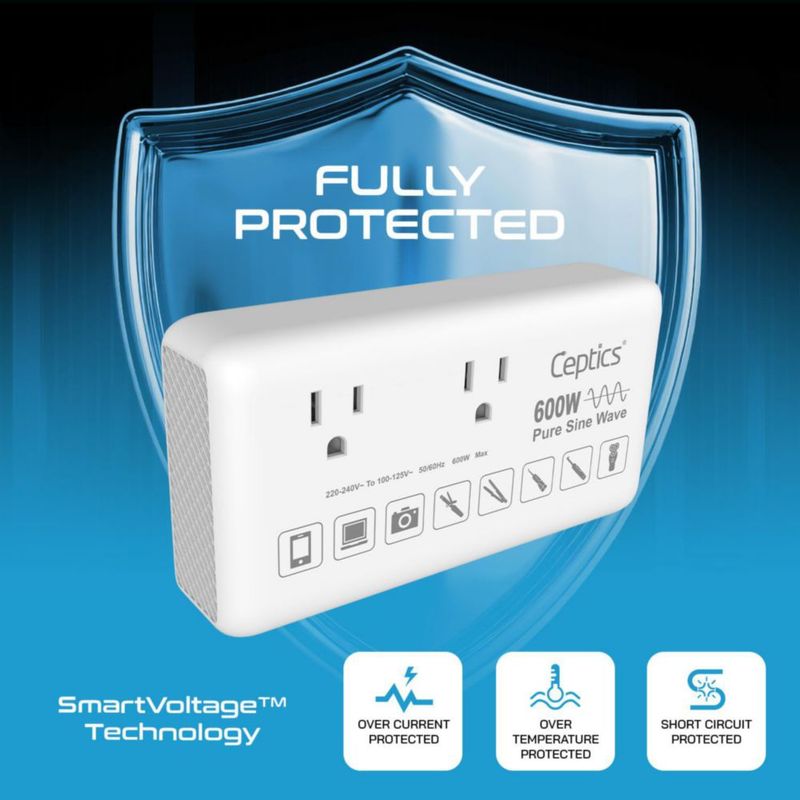 Convertidor de voltaje Ceptics 600W 220V a 110V con 6 enchufes y USB