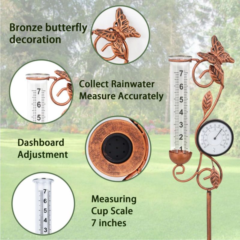 Pluviómetro y termómetro YNGFIL 91 cm con escultura de mariposa de bronce