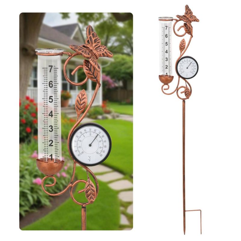 Pluviómetro y termómetro YNGFIL 91 cm con escultura de mariposa de bronce
