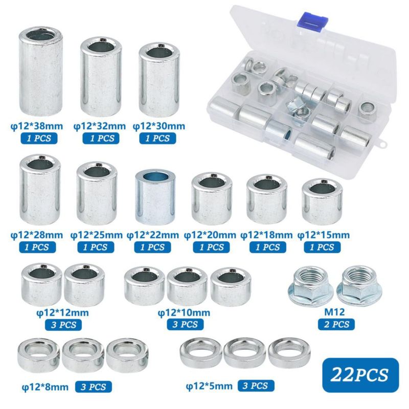 Manguitos separadores GOFIRA M12 22 uds acero 5‑38 mm + tuercas de seguridad