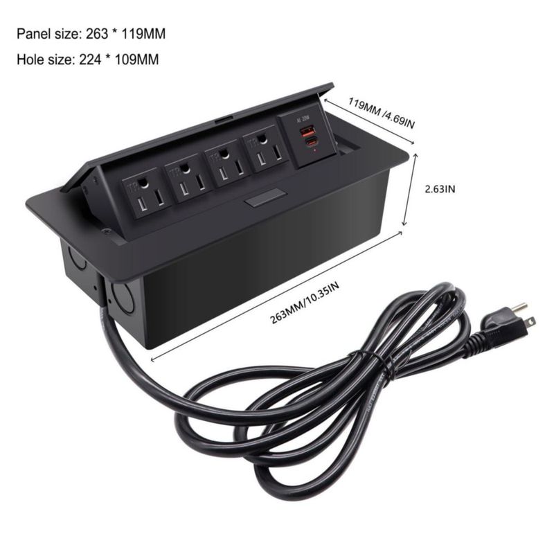 Regleta Pop‑Up TIANDIGP 26 cm 1875 W USB‑C 20 W Negro