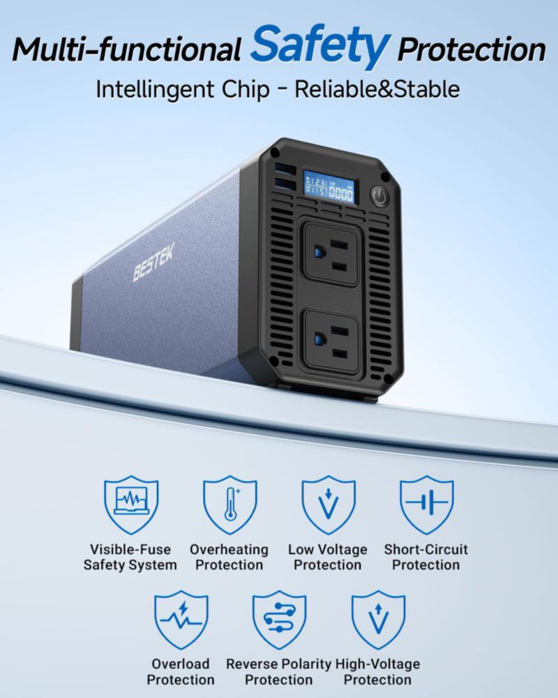 Inversor de corriente BESTEK 1000W Onda sinusoidal pura 12V a 110V con puertos USB 4.8A