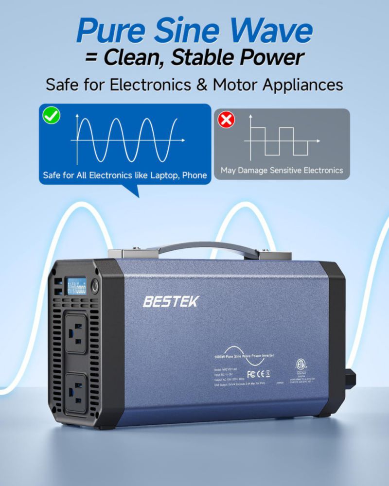 Inversor de corriente BESTEK 1000W Onda sinusoidal pura 12V a 110V con puertos USB 4.8A