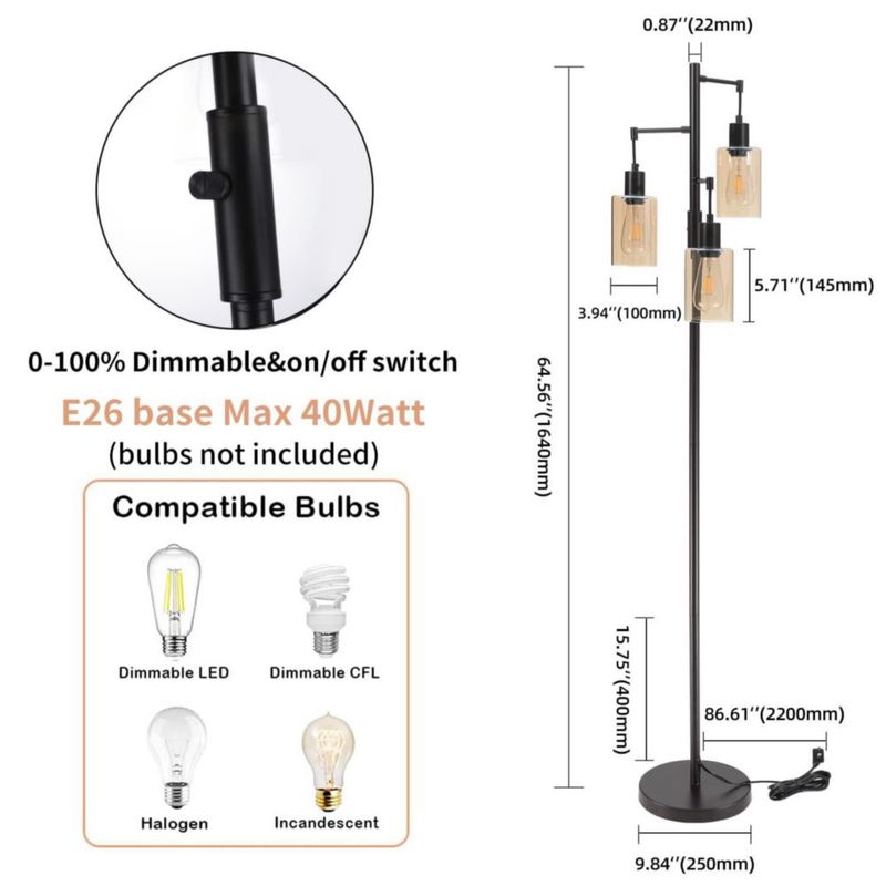 Lámpara de pie Liylan 167 cm 3 luces vidrio ámbar 120 V