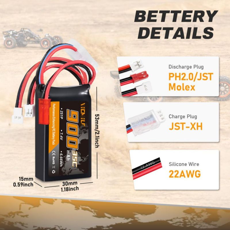 Batería VICMILE 7.4V 900mAh 2S 35C Lipo para coche RC