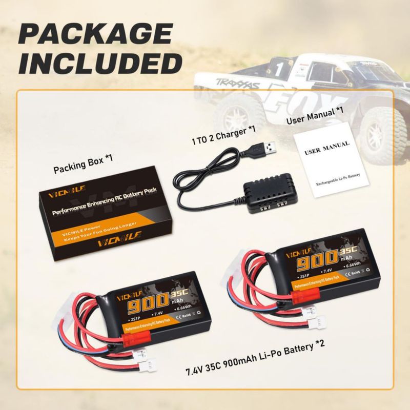 Batería VICMILE 7.4V 900mAh 2S 35C Lipo para coche RC