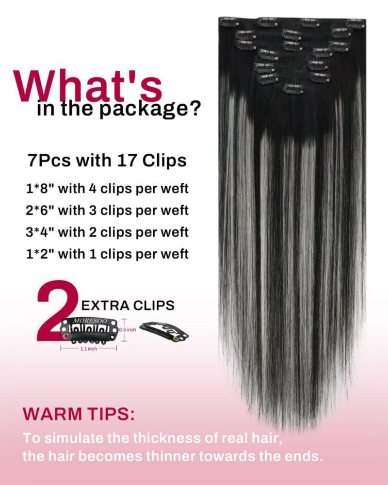 Extensiones de Cabello Moresoo Clip-in 24 pulgadas 120 g Negro Plateado