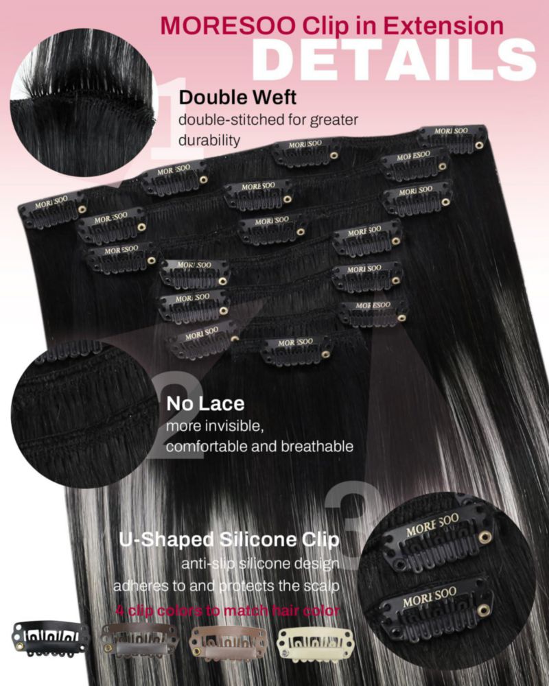 Extensiones de Cabello Moresoo Clip-in 24 pulgadas 120 g Negro Plateado