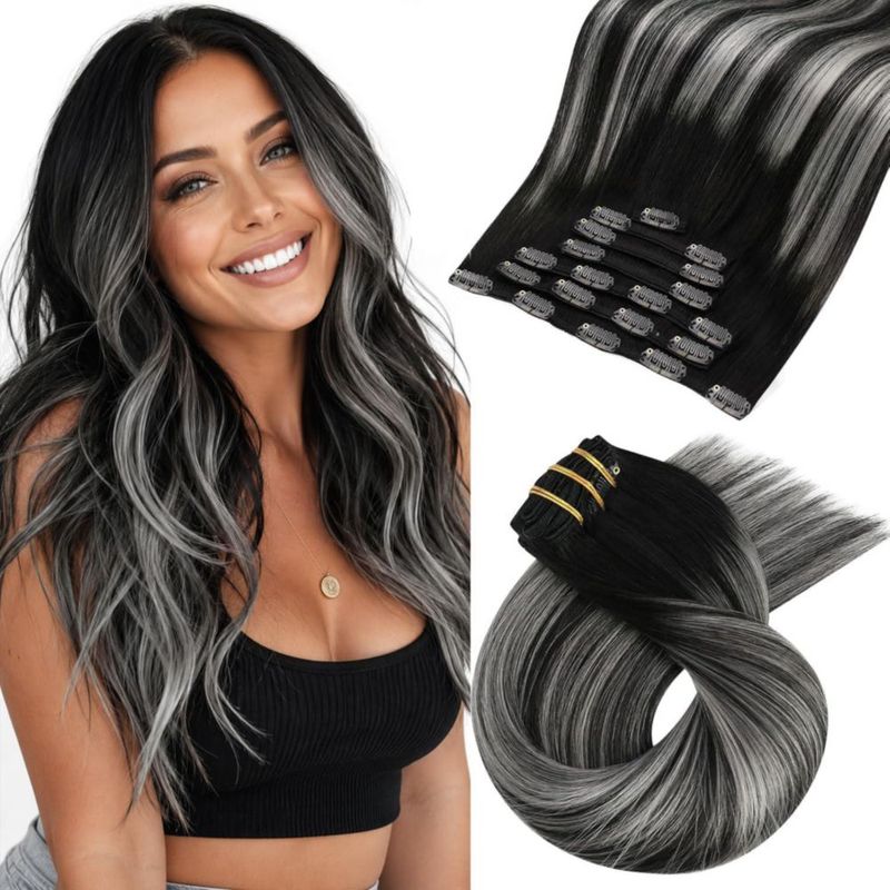 Extensiones de Cabello Moresoo Clip-in 24 pulgadas 120 g Negro Plateado