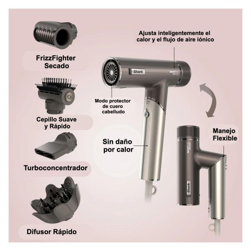 Secadora De Cabello Shark Speedstyle Pro Flex - 4 Accesorios - Gris metalizado