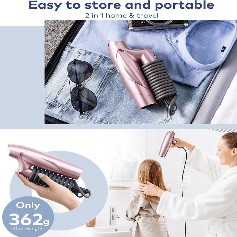 Secadora De Pelo Iónica Profesional Rosa 1400W Plegable Portátil 110000 Rpm
