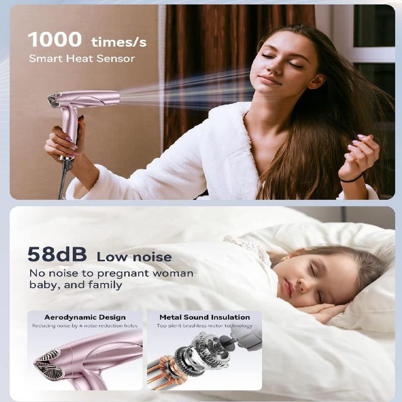Secadora De Pelo Iónica Profesional Rosa 1400W Plegable Portátil 110000 Rpm