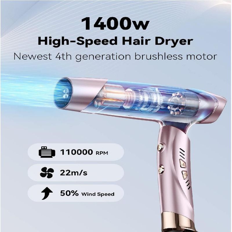 Secadora De Pelo Iónica Profesional Rosa 1400W Plegable Portátil 110000 Rpm