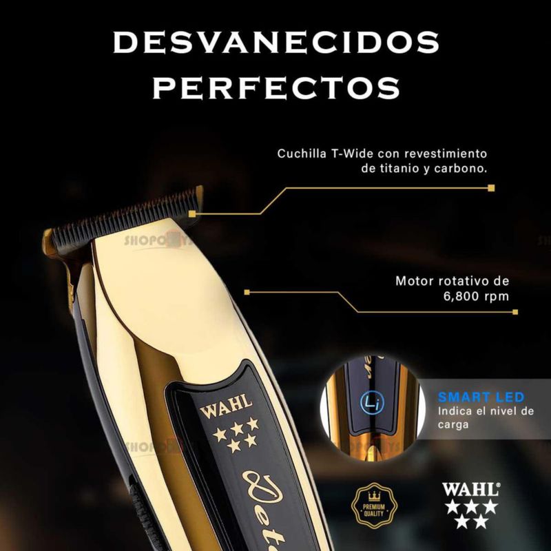 Recortadora Wahl Profesional Inalámbrica para Barba y Cabello con Cuchilla en T Gold Detailer