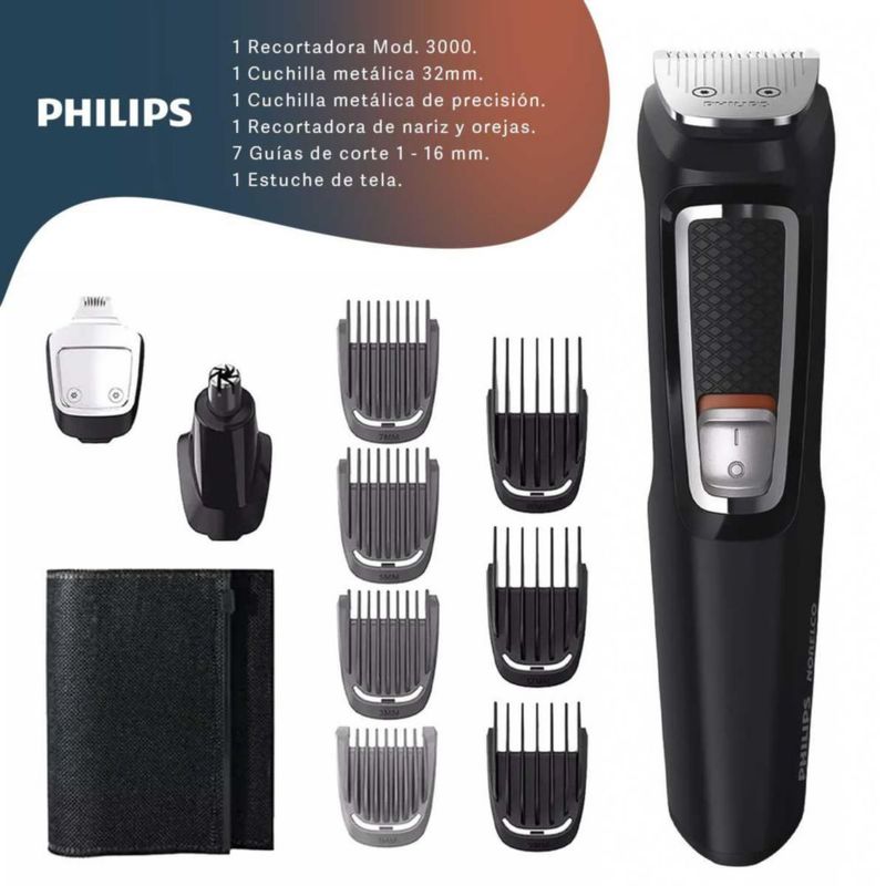 Phillips Afeitadora Unicord Serie 3000 Negra All in One, Afeitado Barba, Bigote, Nariz y Cabello 14 Pzs.