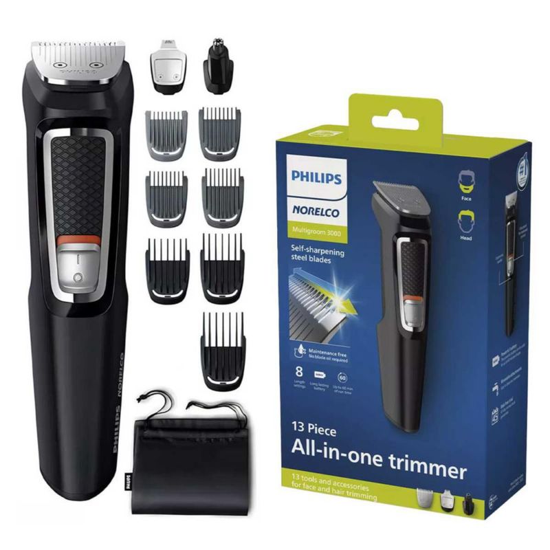 Phillips Afeitadora Unicord Serie 3000 Negra All in One, Afeitado Barba, Bigote, Nariz y Cabello 14 Pzs.