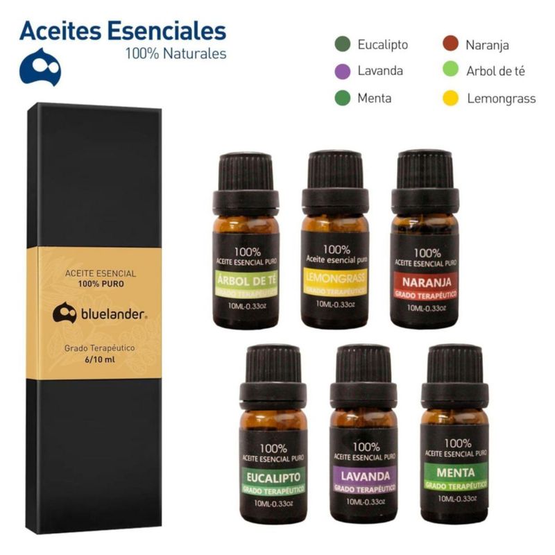 Set de 6 Aceites Esenciales Bluelander para Difusores 10ml Aroma Lavanda, Eucalipto, Árbol de Té, Menta, Naranja Dulce y Lemon Grass, Caja de Regalo
