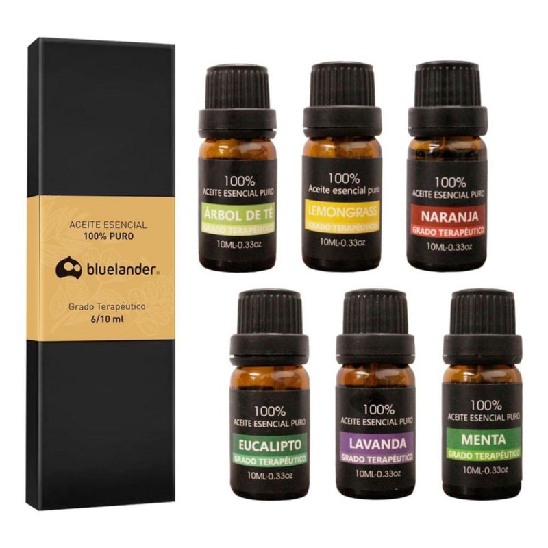 Set de 6 Aceites Esenciales Bluelander para Difusores 10ml Aroma Lavanda, Eucalipto, Árbol de Té, Menta, Naranja Dulce y Lemon Grass, Caja de Regalo