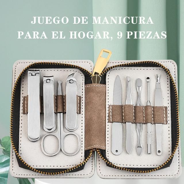 Kit de Manicura y Pedicura de Acero Inoxidable con Estuche de Cuero Portátil para Cuidado Personal y Viaje Marrón y Blanco.HOGAWAY