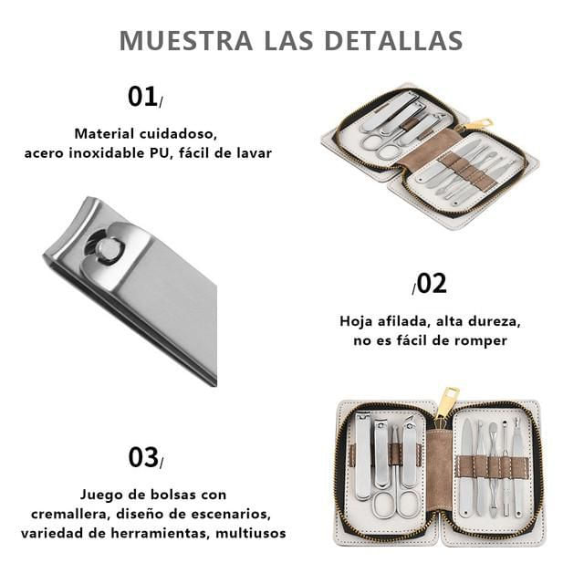 Kit de Manicura y Pedicura de Acero Inoxidable con Estuche de Cuero Portátil para Cuidado Personal y Viaje Marrón y Blanco.HOGAWAY