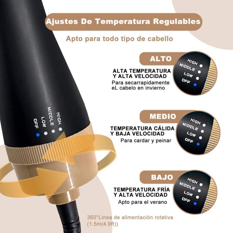 Yostyle Cepillo Secador de Cabello, 4 en 1 Cepillos De Aire Caliente con Tecnología Iónica, 3 Temperaturas Ajustables, 1000W, Or