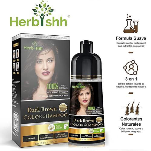 Herbishh Shampoo Tinte 3 en 1 Cubre Canas Castaño Oscuro 500 ml