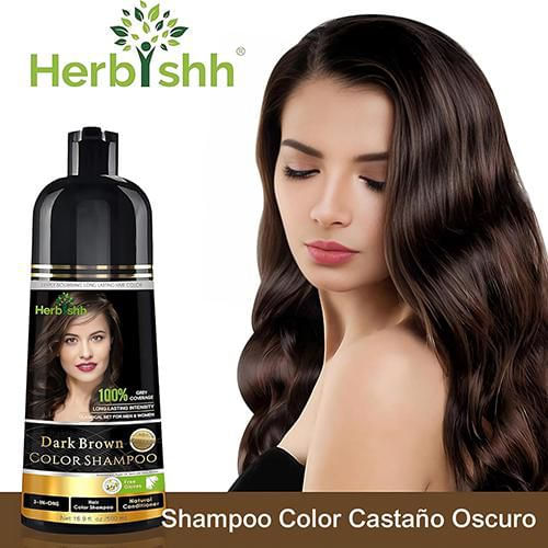 Herbishh Shampoo Tinte 3 en 1 Cubre Canas Castaño Oscuro 500 ml