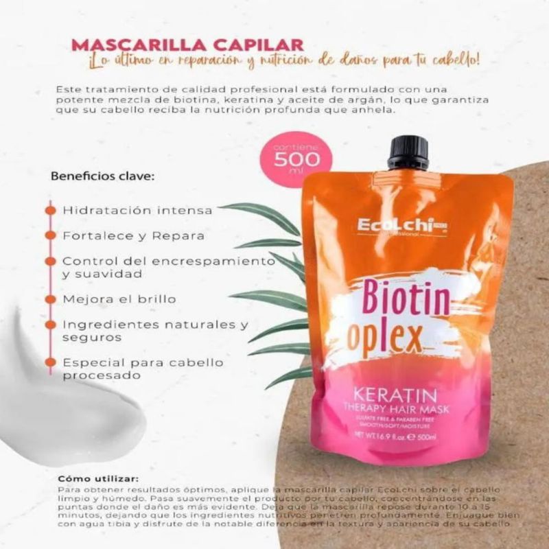 Mascarilla Para Cabello Ecolchi Biotin Oplex Keratina 500 Ml