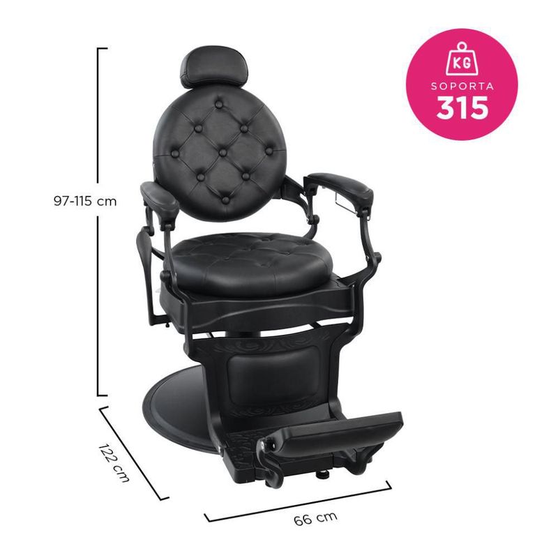 Sillón de Barbería Clásico Profesional Bergamo Vanlig Negro Acero Reforzado Base Cromada