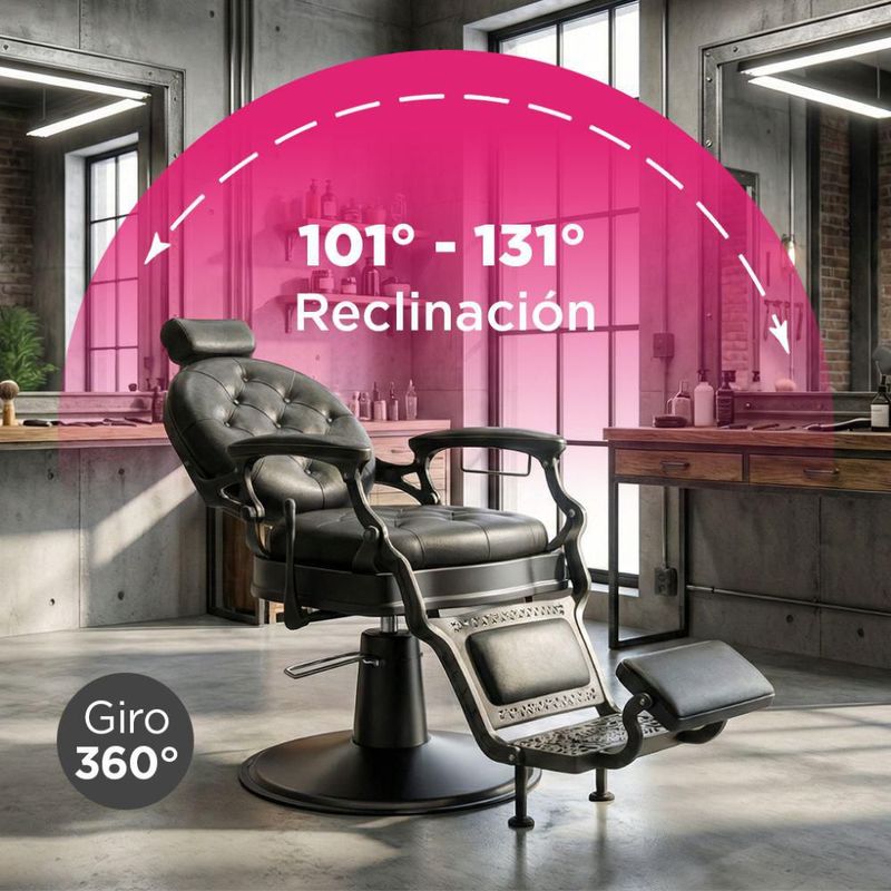 Sillón de Barbería Clásico Profesional Bergamo Vanlig Negro Acero Reforzado Base Cromada