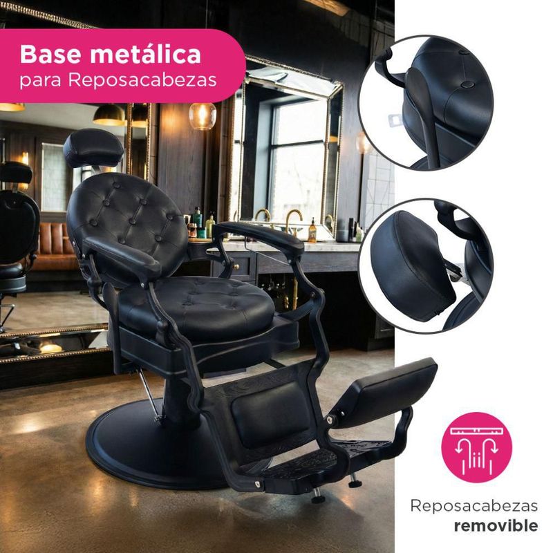 Sillón de Barbería Clásico Profesional Bergamo Vanlig Negro Acero Reforzado Base Cromada