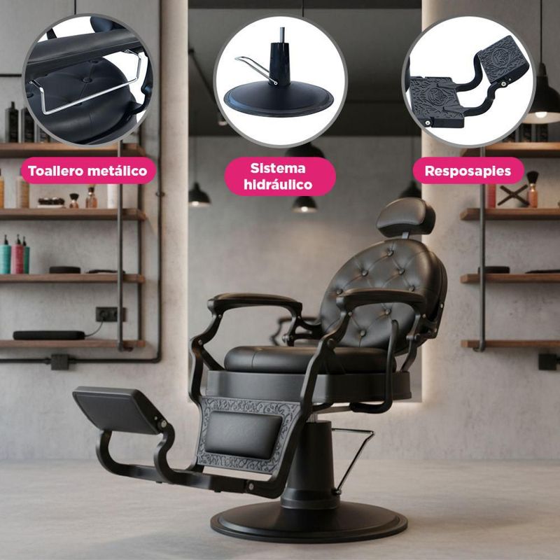 Sillón de Barbería Clásico Profesional Bergamo Vanlig Negro Acero Reforzado Base Cromada