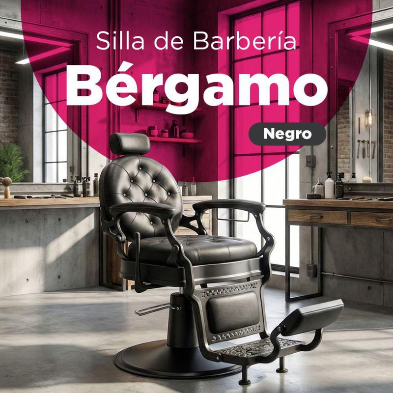 Sillón de Barbería Clásico Profesional Bergamo Vanlig Negro Acero Reforzado Base Cromada