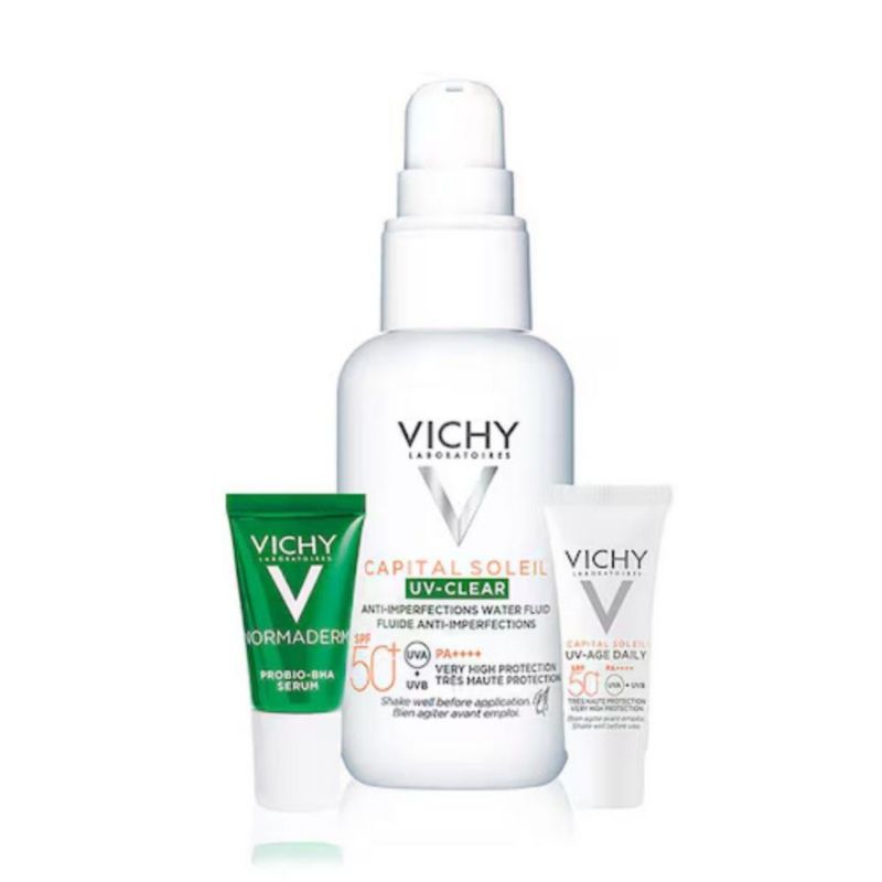 Vichy Kit Capital Soleil UV Clear SPF 50 (40 ml) con Normaderm Probio-BHA Serum (5 ml) y Capital Soleil UV Age Daily (3 ml)