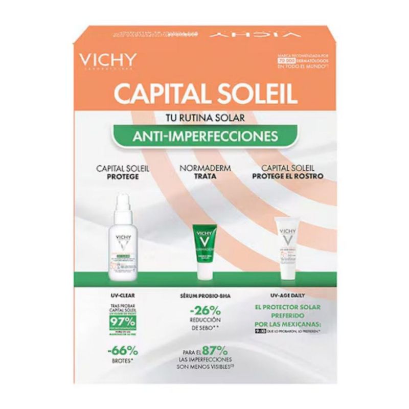 Vichy Kit Capital Soleil UV Clear SPF 50 (40 ml) con Normaderm Probio-BHA Serum (5 ml) y Capital Soleil UV Age Daily (3 ml)