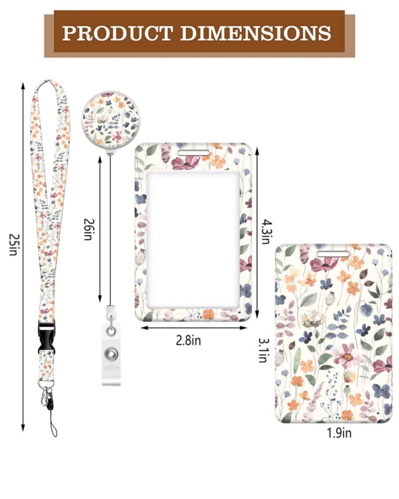 Porta credencial BLOCIT con flores acuareladas cordón y clip retráctil