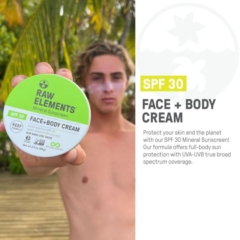 Protector solar Raw Elements mineral para rostro y cuerpo SPF30 90 ml lata