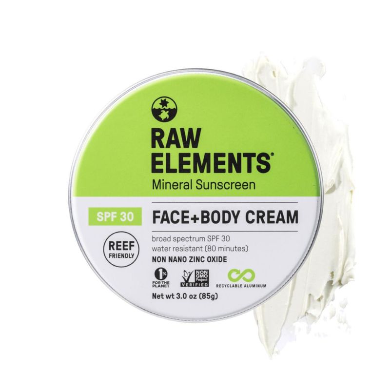 Protector solar Raw Elements mineral para rostro y cuerpo SPF30 90 ml lata