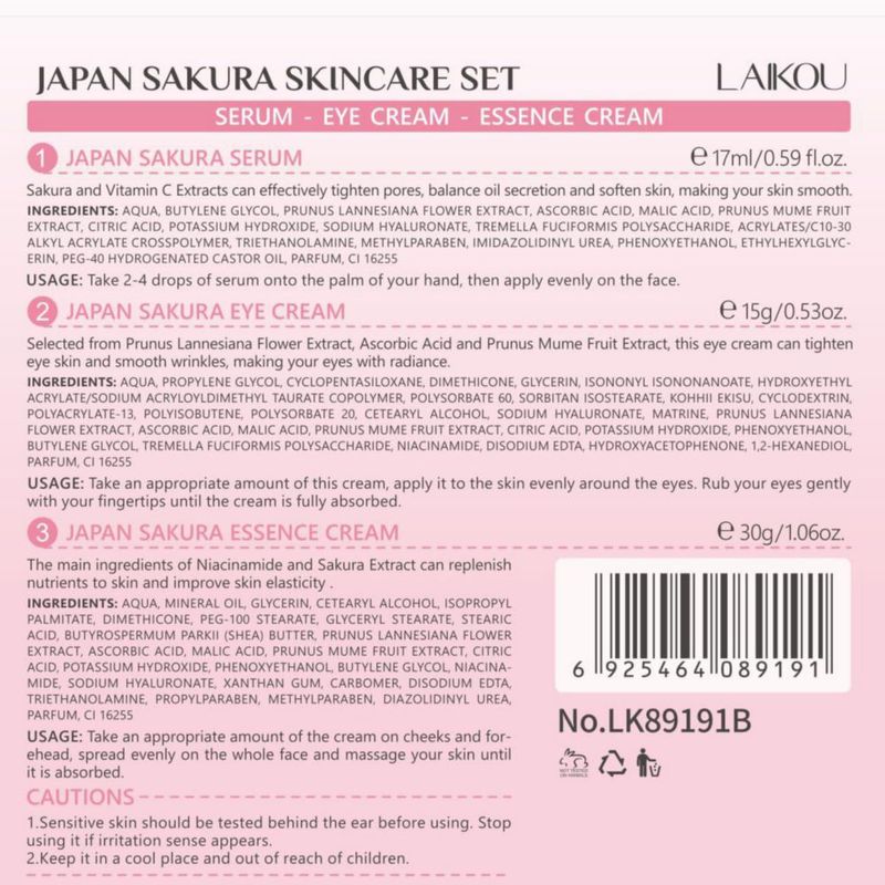 Set para el cuidado de la piel LAIKOU Sakura Japan con sérum crema y crema para ojos