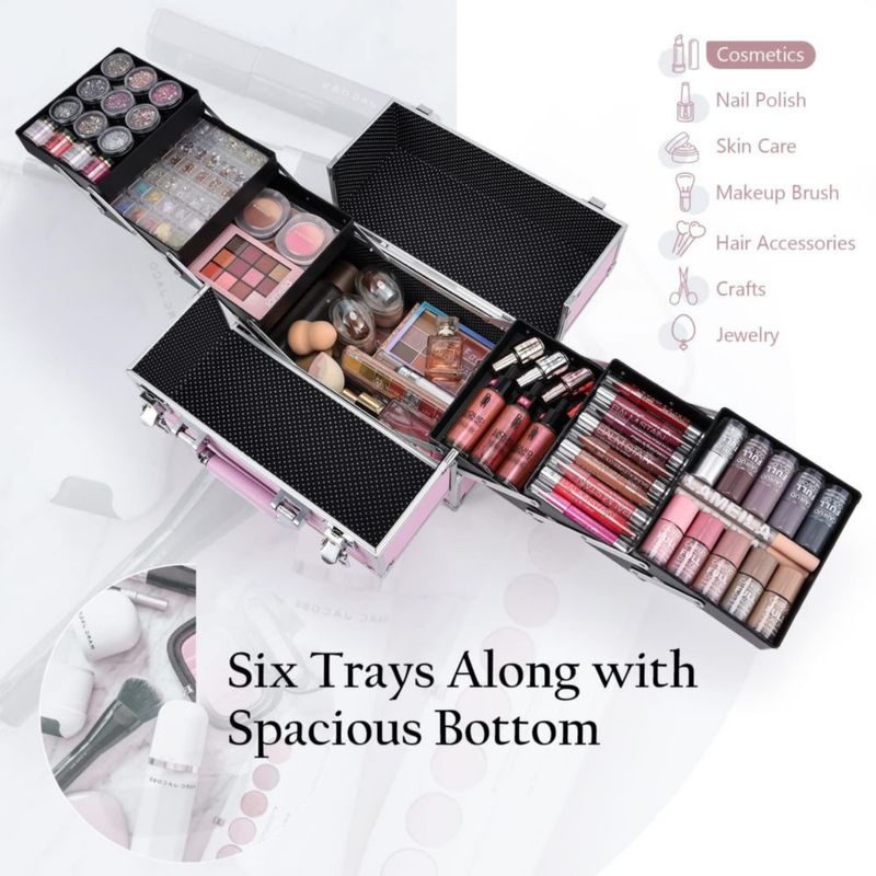 Estuche de maquillaje FRENESSA portátil grande para cosméticos color rosa