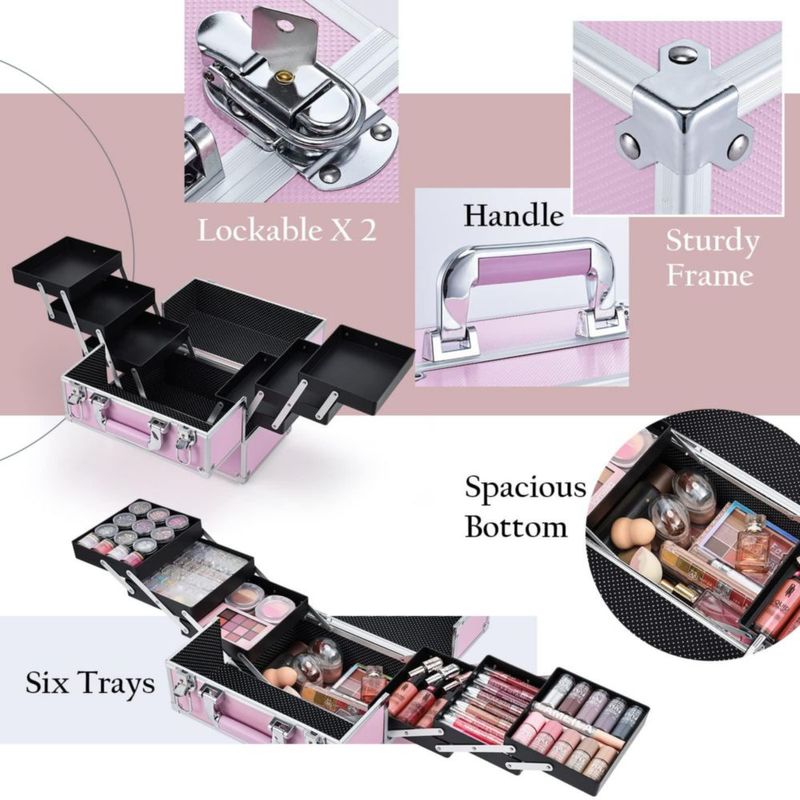 Estuche de maquillaje FRENESSA portátil grande para cosméticos color rosa