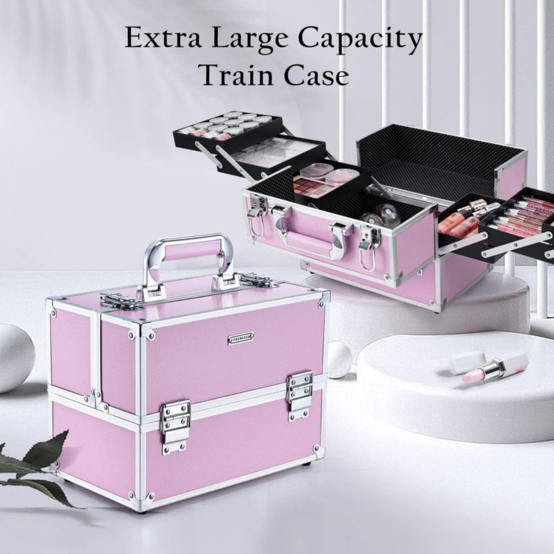 Estuche de maquillaje FRENESSA portátil grande para cosméticos color rosa