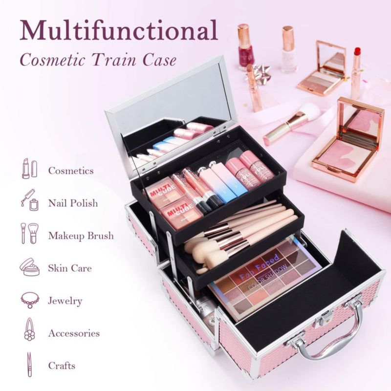 Organizador de cosméticos Makeup Train Case Frenessa con espejo color rosa