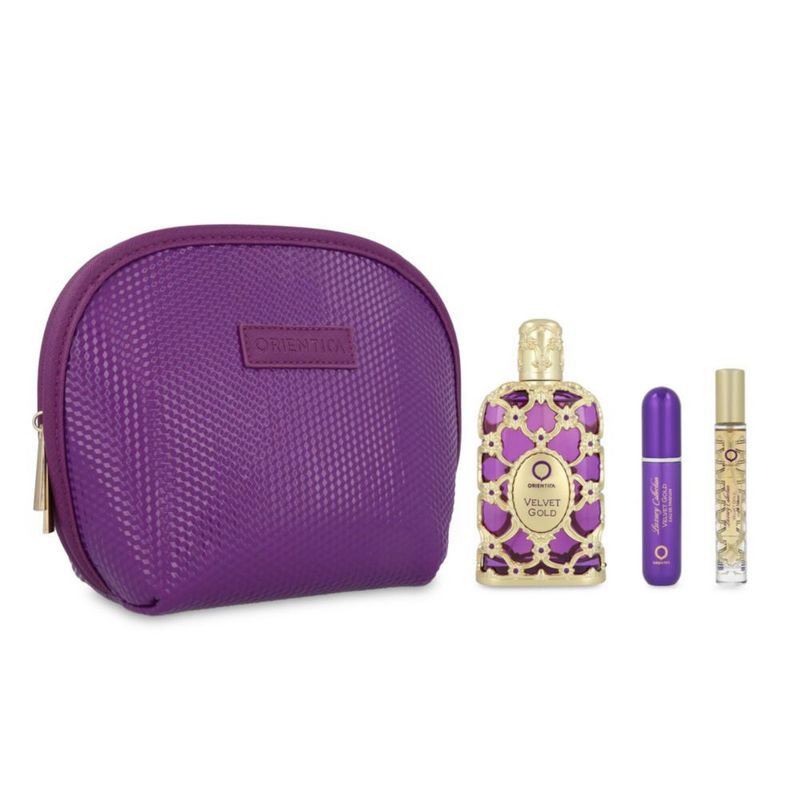 Set Orientica Luxury Collection Velvet Gold 4pzs 80ml Eau de Parfum/ Bolso Pequeño/ Perfumero Rellenable/ 10ml Eau de Parfum