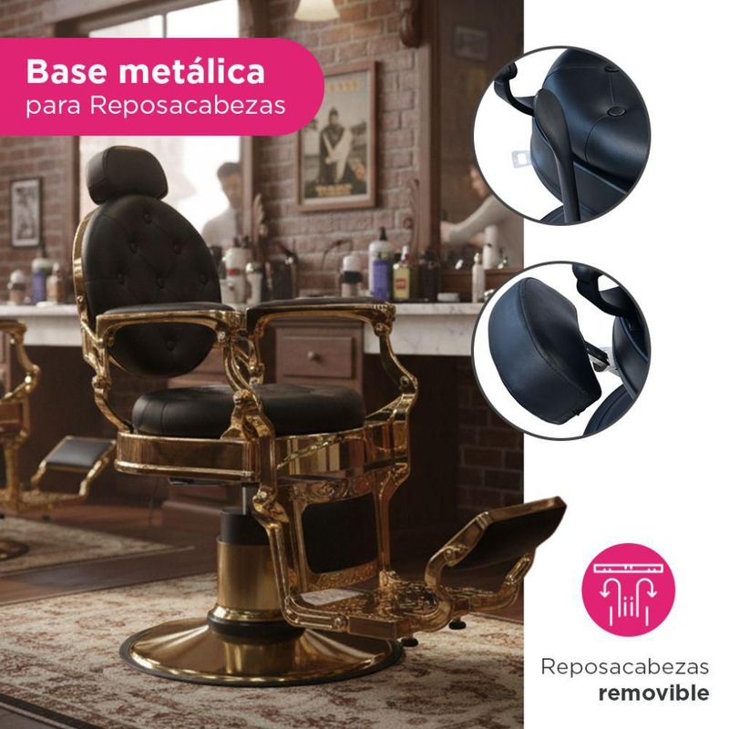 Sillón de Barbería Clásico Profesional Bergamo Vanlig Dorado Acero Reforzado Base Cromada