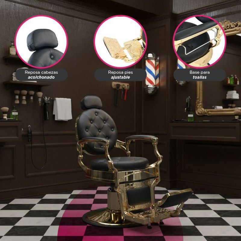 Sillón de Barbería Clásico Profesional Bergamo Vanlig Dorado Acero Reforzado Base Cromada