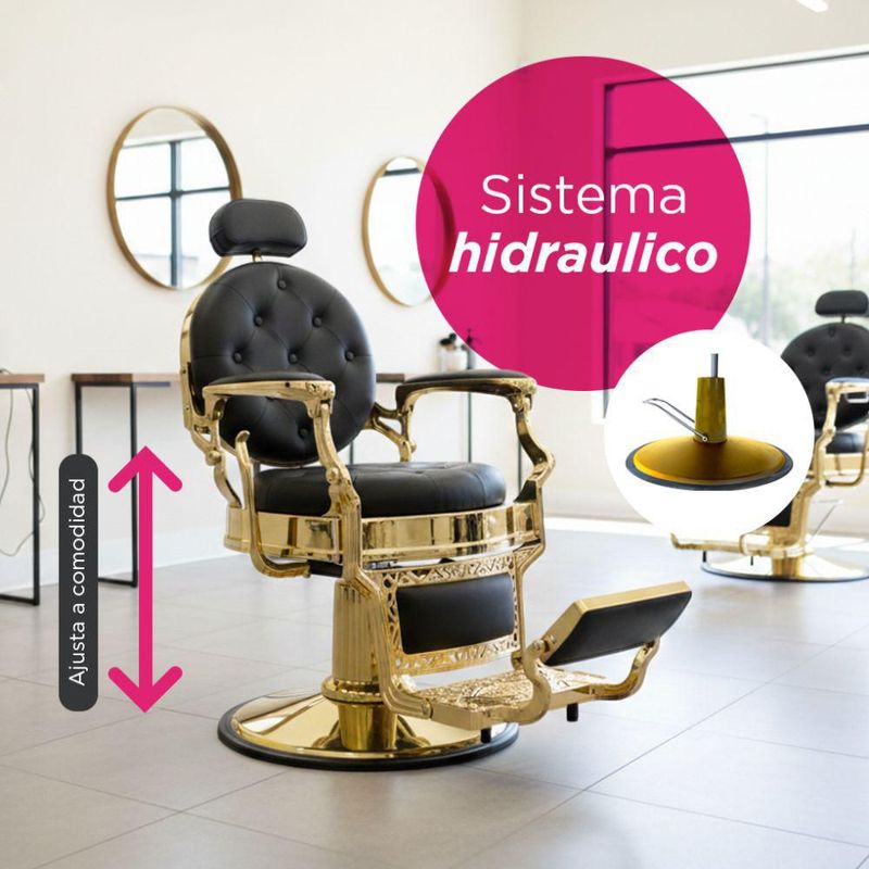 Sillón de Barbería Clásico Profesional Bergamo Vanlig Dorado Acero Reforzado Base Cromada